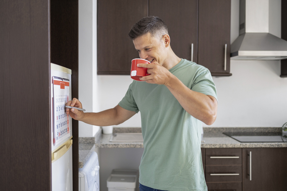Man enjoying a cup of coffee while marking dates on a calendar in his kitchen